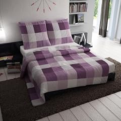 3 Teilige Et�rea Baumwolle Bettw�sche Bettbezug Pflaume Lila Fuchsia Karo Kariert 200x200 cm, 2 x Kissenbezug 80x80cm