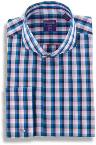 Modena Men's Plaid Striped Cutaway Collar French Cuff Dress Shirt 16 - 34-35 Pink / Blue / Black