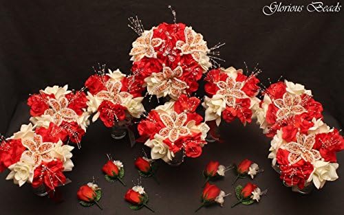 Red Coral and Ivory BEADED Flower Lily Wedding / Quincenarea Bouquet 16 PC Set with FREE Boutonnieres