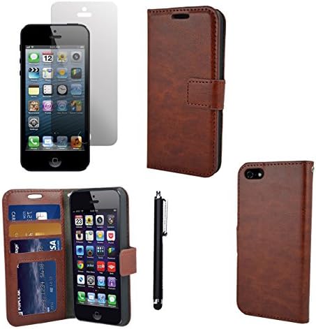 HAIO Apple Iphone 5, 5G, 5S Case Wallet Leather Flip Cover Magnet For Apple Iphone 5, 5G, 5S [Case Cover + Screen Protector + Stylus Pen] - BROWN