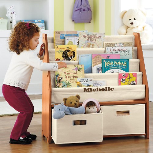Kids Sling Bookshelf with Storage Bins - Natural Natural