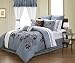 24 Pieces Blue and White with Brown Embroidery Floral Comforter, Sheet, Window Set Bed-in-a-bag King Size Bedding Ensemble
