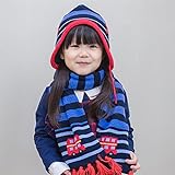 MORGEN SKY 子供用 ニット帽＆マフラーセット キッズハット ネックウォーマー ボンボンつき 型番1620Y (S, ネイビー)