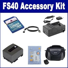Canon FS40 Camcorder Accessory Kit includes: SDM-1503 Charger, KSD2GB Memory Card, USB4PIN USB Cable, ZELCKSG Care & Cleaning, SDC-26 Case, SDBP808 Battery