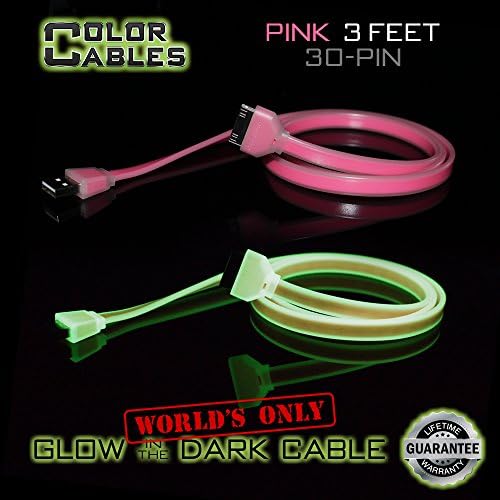 Color Cables: Apple 30 Pin Charge and Sync Data Cable (PINK - 3FT) Glow in the Dark - 1M Long - Extra Tough - No Tangle - High-Speed - Premium 30 Pin to USB A Male Cable (LIFETIME WARRANTY)