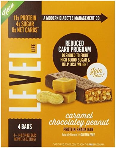 Level Life Diabetes Management Protein Bar, Caramel Chocolate Peanut, 4 Ct (Pack of 4)