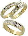 14k Yellow Gold Trio 3-Piece His (5mm) & Hers (4mm; 6mm) Wedding Band Set, w/ 1.02 Carats Brilliant Cut, Baguette & Invisible-set Diamonds; (Men's Size 9.5 to 11.5)