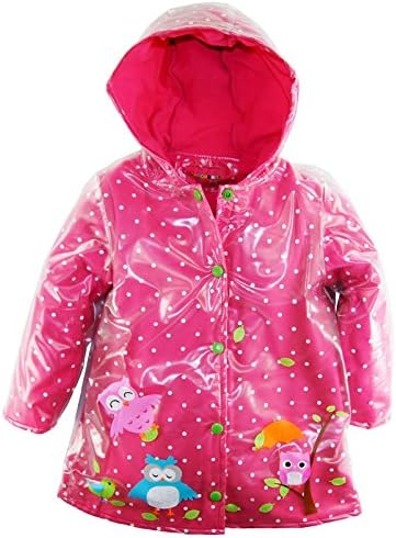 Wippette Little Girls' Vinyl Fleece Lined Owl Hooded Raincoat Jacket, Pink, 6X