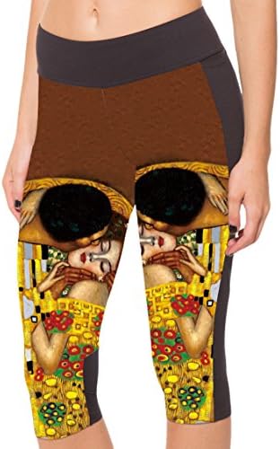 COCOLEGGINGS Womens Gustav Klimt The Kiss Printed Capri Leggings YOGA Tights M