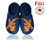 Krabbelschuhe - made in germany - von Filii in dunkelblau mit "Gecko" orange