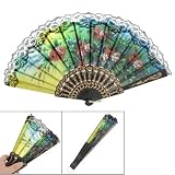 Ladies Colorful Flower Leaf Print Black Lace Rim Accent Handheld Folding Fan