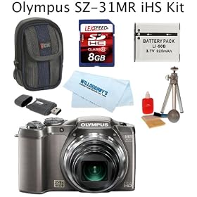 Olympus SZ-31MR iHS 16MP CMOS Camera with 24x Wide-Angle Zoom (Silver) + Deluxe Padded Case + Spare Battery + 8GB Memory Card + Card Reader + Cleaning kit + Mini Tripod