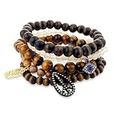 Set Of Brown Colored Beaded Stretch Charm Bracelets With Peace Symbol, Blue Evil Eye, And Feather Ch