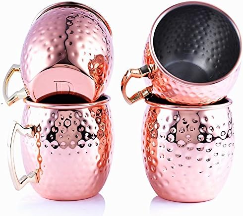 Moscow Mule Mug Set of 4 Copper Cups Hammered 16 Ounce Design Keeps Drinks Refreshingly Cold - Best Quality for Cocktail Bar Glasses Tools or Home