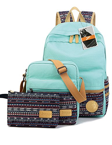 Leaper Casual Style Lightweight Canvas Laptop Bag Cute School Backpack Shoulder Bag Pencil Case 3PCS Set (Water Blue)