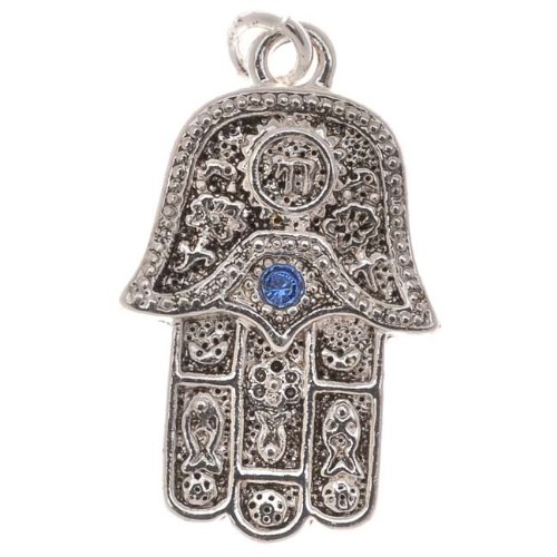 Silver Plated Hamsa Hand Charm Adorned With Sapphire SWAROVSKI ELEMENTS Crystal 23mm (1)