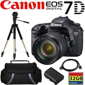 Canon EOS 7D 18 MP CMOS Digital SLR Camera with 3-inch LCD and 28-135mm f/3.5-5.6 IS USM Standard Zoom Lens + Canon LP-E6 Equivalent Battery (Generic)+ 32GB Compact Flash Memory + Case + Heavey Duty Tripod + HDMI Cable