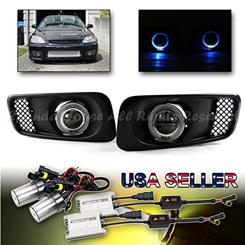 For 9900 Civic EK EJ 3 Projector Fog Lights Blue LED Angel Eye +55W