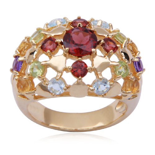 18k Yellow Gold Plated Sterling Silver Multi-Gemstone Ring, Size 8