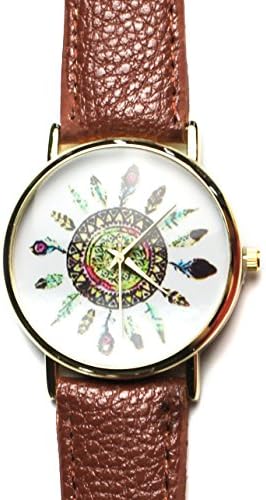 Brown Leather Native American Style Mandala Feather Watch 6 1/2" to 8"