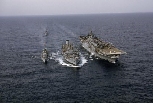 Navy Ships Refuel at Sea; Last Ship Acts as Guard for Men Overboard Wall Mural - 30 Inches W x 20 Inches H - Peel and Stick Removable Graphic