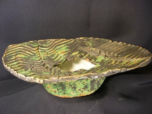 Chingwenarts Studio Pottery Japanese Ikebana Pot, Patina Green, Signed, H0031