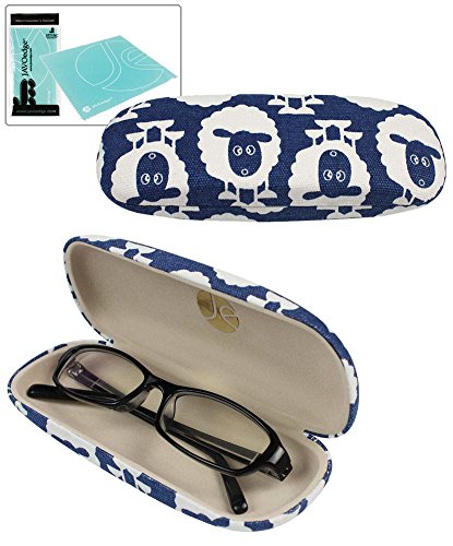 JAVOedge Blue Sheep Print Fabric Eyeglasses Clam Shell Style Case with Bonus Mircofiber Glasses Cleaning Cloth