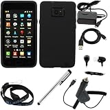 GTMax Black Soft Silicone Case + Car Charger + Home Charger + USB Sync Data Cable + Silver Stylus Pen + 3.5mm Stereo Handsfree With Microphone + Strap Lanyard for AT&T Samsung GALAXY S2 / SII I9100 4G