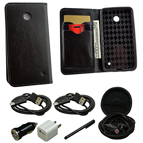 Mstechcorp - Nokia Lumia 530 Case Design Dual-Use Flip PU Leather Fold Wallet Pouch Case - Includes [Car Charger + Data Cable] + [Wall Charger + Data Cable] + [Touch Screen Stylus] + [Hands Free Earphone With Carrying Case] (FOLD WALLET BLACK)