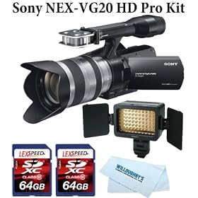 Sony NEX-VG20H Interchangeable Lens HD Handycam Camcorder (Black) + Sony E-Mount 18-200mm f/3.5-6.3 Zoom Lens + Sony HVL-LE1 Battery LED Video Light + Two LEXSpeed 64GB SDXC Memory Cards