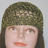 Cp105, Hand Crocheted Antique Gold and Black Chenille and Gimp Tweed Skull Cap for Men Women and Teens