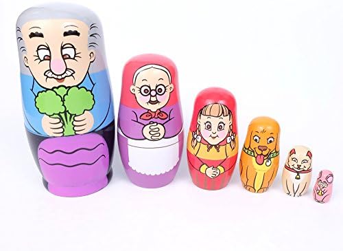 My Grandparents Farmer Family Dog Cat Mouse Pet Animals Hand Painted Russian Wooden Nesting Doll Matryoshka Babushka Stacking Dolls 6pcs Set