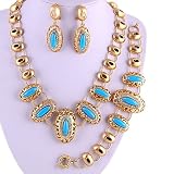 3 PC Gold Plated Blue and Rhinestone Necklace Earring and Bracelet