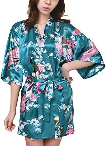 Macher Women's Kimono Style Satin Robe Bathrobes Knee Length (M, Deep green)