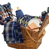 Picnic Basket Cambridge Double Lid Rattan & Bamboo Set For 4 in Blue Tartan by Picnic Time