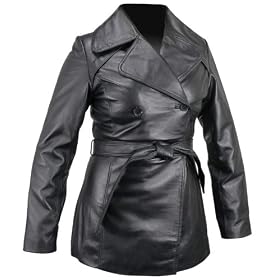 Buy Classic Ladies Black Leather Belted Peacoat by USA Leather
