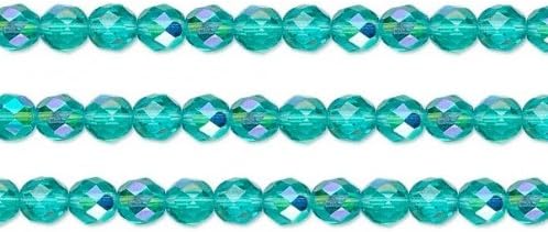Czech Faceted Round Fire Polished Beads. Preciosa Light Aqua AB 4mm 16 Inch Strand