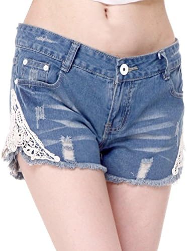 Women's Lace Embellished Washed Ripped Low Waist Fringe Denim Shorts Blue (Tag L=US6)
