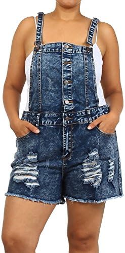 JB1508 - High Waist Plus Size Acid Wash Ripped Denim Jumper Short Overall