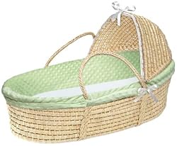 Badger Basket Natural Hooded Moses Basket, Sage Dot Bedding