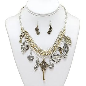 Two-tone Leaf Crown Key Charm Necklace and Earrings Set Fashion Jewelry