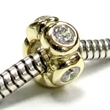 Gold on 925 Sterling Silver Flower Rondelle Clear CZ Bead Birthstone April for Pandora Troll Chamilia European Charm Bracelets