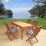 LuuNguyen - Winarm Outdoor Hardwood 7-Piece Dining Set with Cushions (Natural Wood Finish) - Blue Print