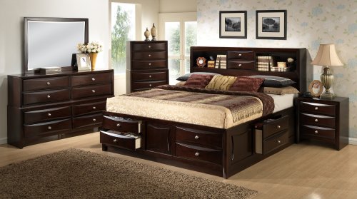 Roundhill Furniture Ankara Wood Bedroom Set, Includes King Bed, Dresser Mirror with 2 Nightstands, Espresso