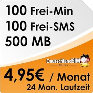 51vQYjeWqYL. SL500 AA300  DeutschlandSIM ALL IN 100   24 Monate Vertragslaufzeit (500MB Daten Flat, 100 Frei Minuten, 100 Frei SMS im o2 Netz f&uuml;r 4,95 Euro/Monat