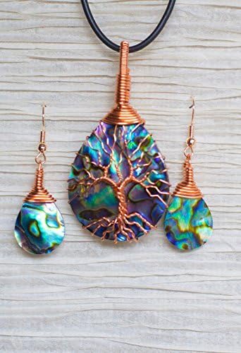 7th Anniversary Copper gift set. Tree of Life copper wire wrapped Abalone pendant and matching Earrings