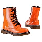 Damen Schuhe, STIEFELETTEN, BOOTS MIT SCHNÜRUNG, 9616, Synthetik in hochwertiger Lack Leder Optik, Orange, Gr 36