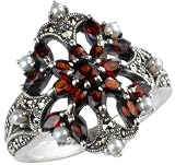 Garnet Fire Burst Silver Natural Seed Pearl Ring - Dahlia Vintage Collection