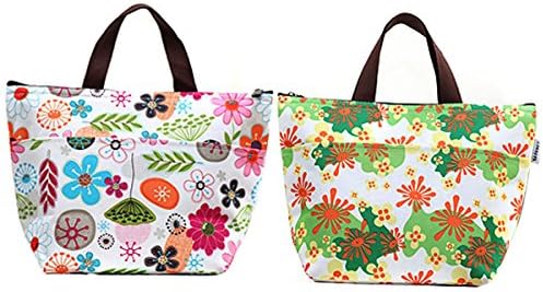 GRFOODS Waterproof Lunch Bag Tote Insulated Cooler Carry Bag for Travel and Picnic (Colorful Flower, 2 Pack)