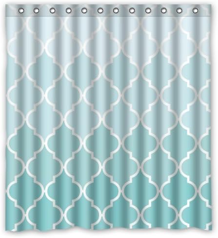66"(w) x 72"(h) Cute Teal Fade Moroccan Tile Quatrefoil Bathroom Shower Curtain Shower Rings Included, 100% Polyester